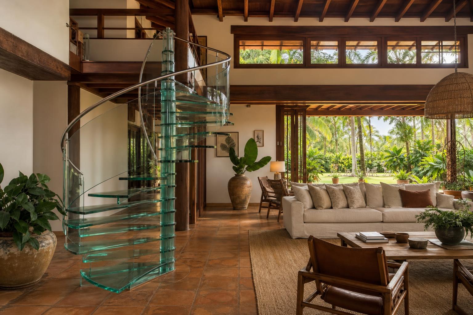 Escada Espiral em ambiente Brasil chic