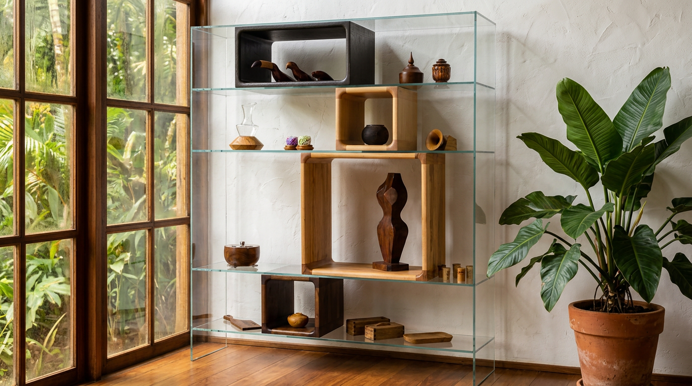 Estante em Vidro Curvo Extra Clear em ambiente Brasil chic